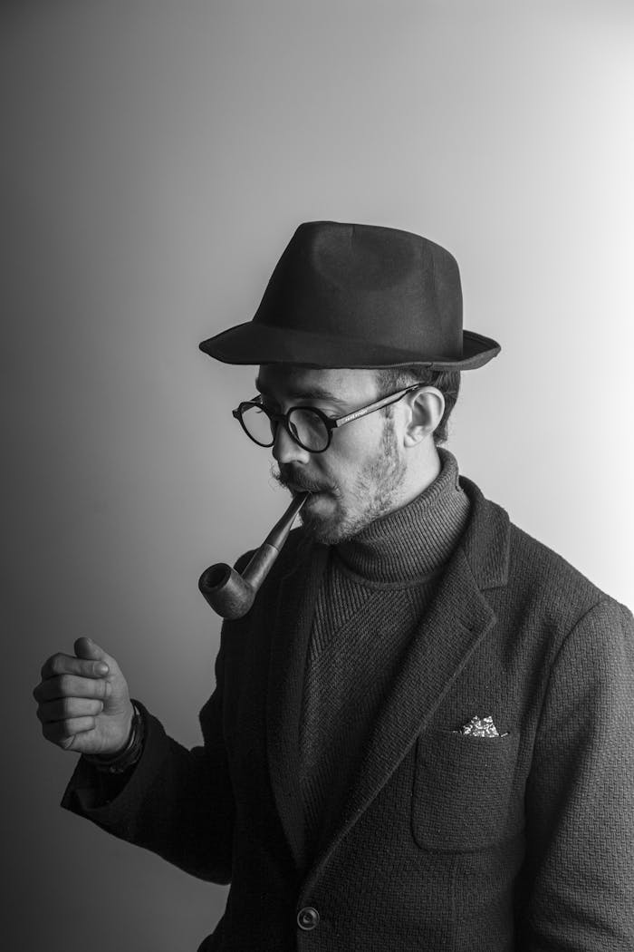 Black and white portrait of a man in a hat and coat with a pipe, evoking a vintage style.