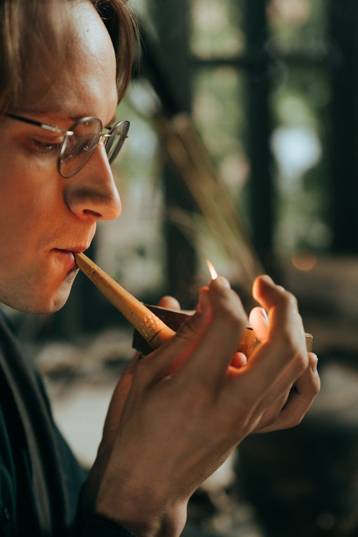 A close-up portrait of a man in glasses lighting a tobacco pipe indoors with a focused expression.