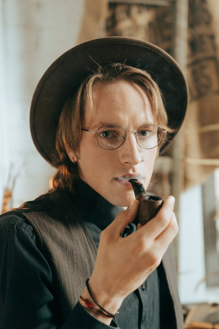 A stylish man wearing a hat and eyeglasses smokes a tobacco pipe indoors, creating a vintage vibe.